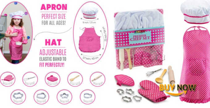 Cool JaxoJoy Complete Kids Cooking and Baking Set Review - 11 Pcs Includes Apron for Little Girls, Chef Hat, Mitt & Utensil for Toddler Dress Up Chef Costume Career Role Play for 3 Year Old Girls and Up