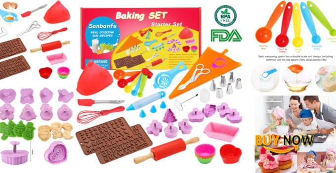Kids Cooking Baking set Baking supplies Cupcake decorating kit-40 pcs include Silicone Chocolate Molds,Cupcake cups,Cake decorating kit,Cookie Cutters,Measuring Spoons,Rolling Pin,Spatula,Whisk Review