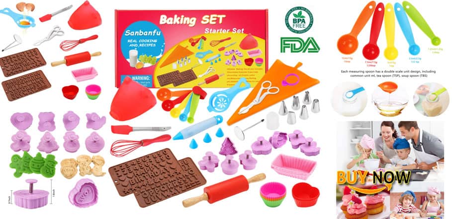 Kids Cooking Baking set Baking supplies Cupcake decorating kit-40 pcs include Silicone Chocolate Molds,Cupcake cups,Cake decorating kit,Cookie Cutters,Measuring Spoons,Rolling Pin,Spatula,Whisk Review