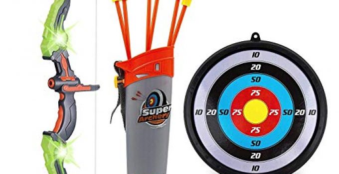 GoBroBrand Bow and Arrow Set for Kids -Green Light Up Archery Toy Set -Includes 6 Suction Cup Arrows, Target & Quiver - for Boys & Girls Ages 3 -12 Years Old