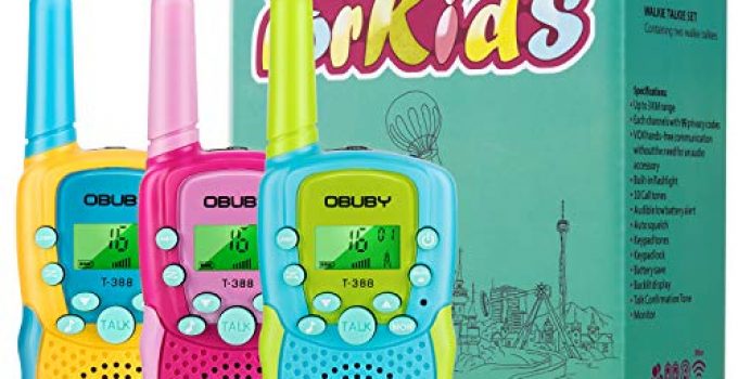 Obuby Walkie Talkies for Kids, 22 Channels 2 Way Radio Kid Gift Toy 3 KMs Long Range with Backlit LCD Flashlight Best Gifts Toys for Boys and Girls to Outside Adventure , Camping (Blue&Pink&Yellow)