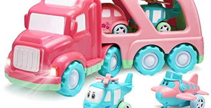 Carrier Car Toy Set(5 in 1) with Lights and Sounds, Pink Toy for Girl Toddler Kid, Friction Powered Double Layer Transport Truck with Cartoon Vehicles, Child Play Birthday Gift Christmas Party Favors