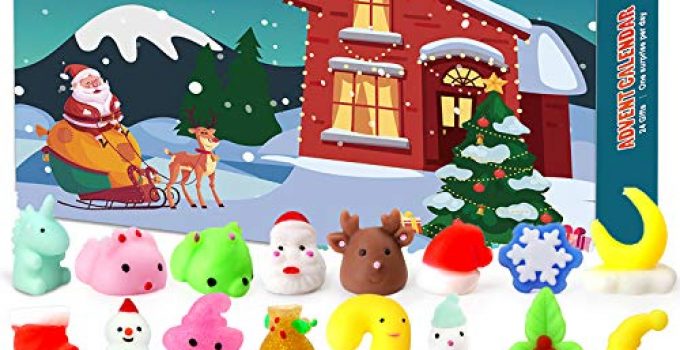FLY2SKY Advent Calendar 2020 Christmas Countdown Calendar 24Pcs Mochi Squichy Toys Cute Animals Squichies Christmas Party Favors for Girls Boys Santas Snowman Unic0rn Dinos