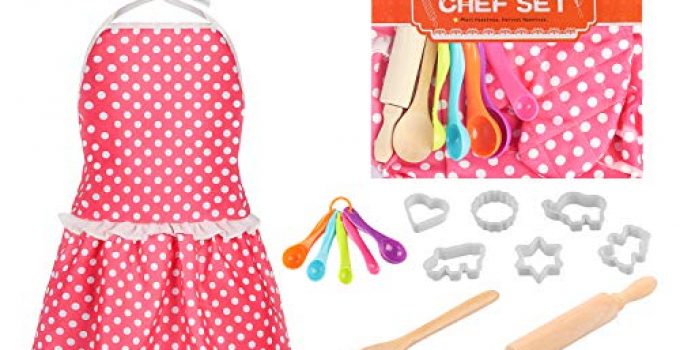 KKONES Kids Cooking Baking Set 17Pcs, Kids Chef Role Play Costume Set - Chef Hat and Matching Pink Apron Children Dress up Pretend Gift for 3 4 5 6 7 8 Year Old Girls Toys