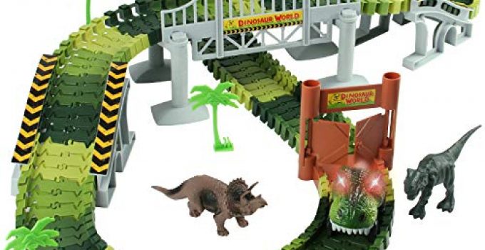 Lydaz Race Track Dinosaur World Bridge Create A Road 142 Piece Toy Car & Flexible Track Playset Toy Cars, 2 Dinosaurs