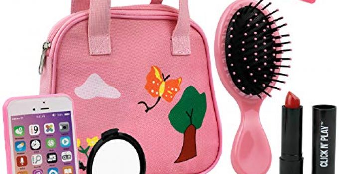 Click N' Play 8Piece Girls Pretend Play Purse, Including A Smartphone, Car Keys, Credit Card, Lipstick, Lights Up & Make Real Life Sounds