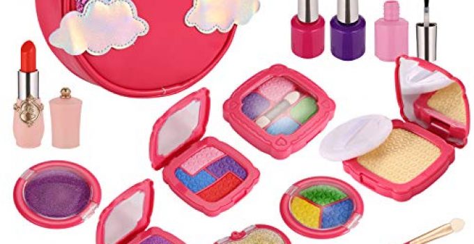 Esnowlee Makeup Kits for Girls 18PCS Kids Pretend Play Makeup Toy Set with Rainbow Bag for Little Girls Birthday Christmas Gifts