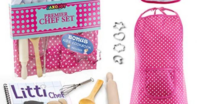 JaxoJoy Complete Kids Cooking and Baking Set - 11 Pcs Includes Apron for Little Girls, Chef Hat, Mitt & Utensil for Toddler Dress Up Chef Costume Career Role Play for 3 Year Old Girls and Up