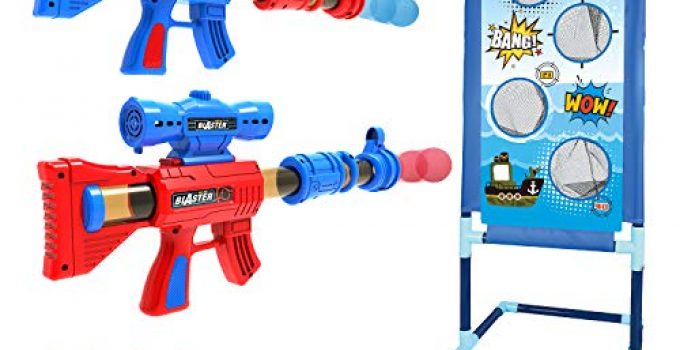 YEEBAY Shooting Game Toy for Age 5, 6, 7, 8,9,10+ Years Old Kids, Boys - 2pk Foam Ball Popper Air Guns & Shooting Target & 24 Foam Balls - Ideal Gift - Compatible with Nerf Toy Guns