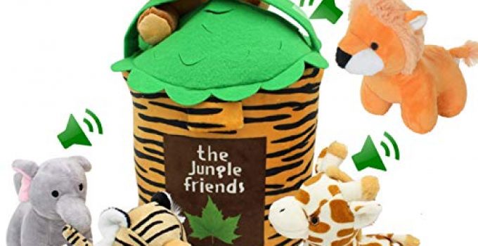 Jungle Friends Talking Plushie Set for 1 Year Old up Boy Girl Baby Realistic Sounding Stuffed Animal Toys Babies Toddlers Children Lion Elephant Tiger Giraffe Monkey Carrier (6 Pc Premium Jungle Set)