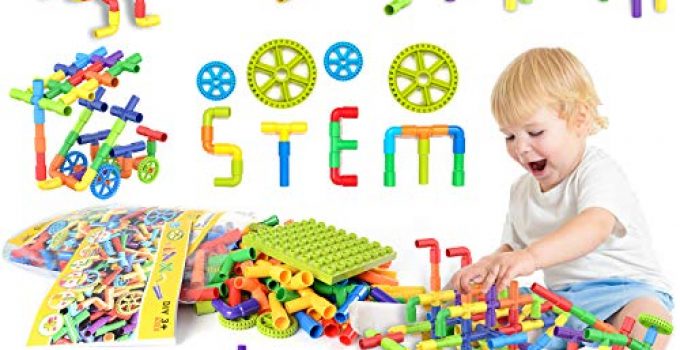 175 Piece STEM Building Blocks, Pipe Tube Sensory Toys, Creative Tube Locks Construction Set with Wheels Baseplate, Preschool Educational Learning Toys, Present Gift for Toddler Boys Girls Aged 3+