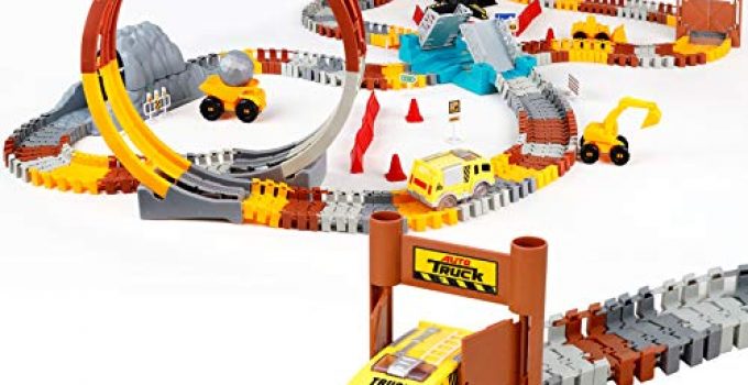226pcs Construction Themed Race Tracks Set, Flexible Trains Tracks With 2 Race Trucks, Toy Cars Set for 2 3 4 5 6 7 Years Old Child Kids Boys and Girls, Road Race Playset for Christmas Birthday Gift