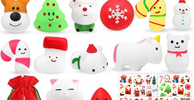 Hicdaw 39Pcs Christmas Squishy Toys Squeezable Stress Relief Toys Sensory Toys Bulk with Squishy Toys Christmas Bracelets Stickers and Gift Storage Bag for Kids Party Decoration