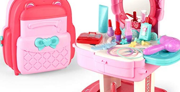 SUMXTECH Makeup Toy Pretend Play Sets Simulation Lovely Dressing Up Kit with 2-in-1 Carrier Backpack, 30 Pcs Role Play Educational Toy Pretend Game Gifts for Kids Girls Birthday Christmas