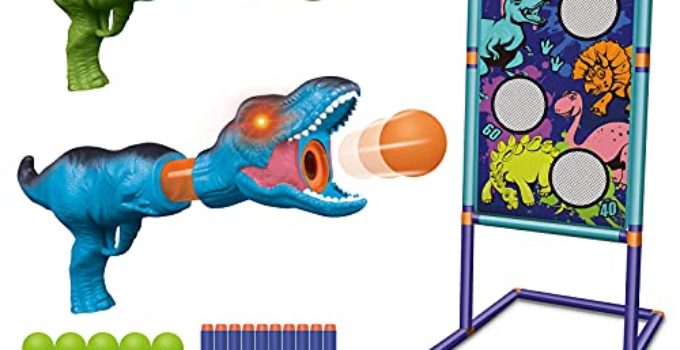 Dinoera Dinosaur Toys for 5 6 7 8 9 10+ Year Old Boys - 2 in 1 Shooting Game Dinosaur Toys for Kids 5-7 | 2pk Foam Ball Popper Air Gun Set Compatible with Nerf Toys Christmas Birthday Gifts Boys Girls