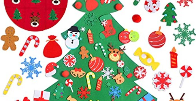 Max Fun DIY Felt Christmas Tree Set Plus Tic-Tac-Toe Game Xmas Wall Hanging Decorations Children's Felt Craft Kits with 40pcs Ornaments for Kids Xmas Gifts Party Favors