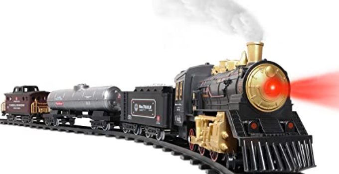 Hot Bee Train Set - Electric Train Toys for Boys w/ Steam Locomotive, Cargo Car and Tracks, Toy Train w/ Smoke, Sounds & Lights, Christmas Toys for 3 4 5 6 7+ Years Old Boys Kids