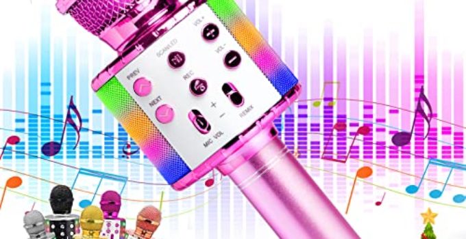 Karaoke Microphone, ENRIZO Christmas Handheld Wireless Bluetooth Portable Karaoke Machine Toy 5 in 1 Speaker Player Recorder USB Rechargeable with LED Lights for Girls Boys Kids Birthday Party