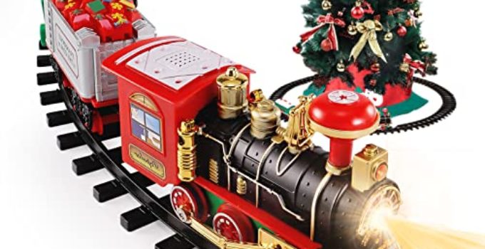 TEMI Christmas Train Toys Set Around Tree, Electric Railway Train Set w/ Locomotive Engine, Cars and Tracks, Battery Operated Play Set w/ Lights and Sounds, Christmas Spirit Gift for Kids Boys Girls