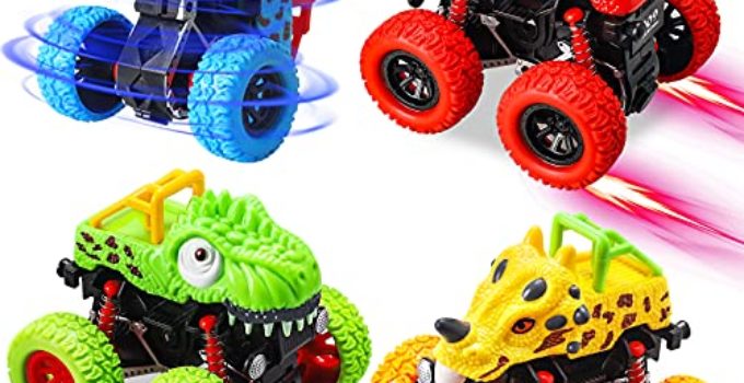 aovowog Toddler Monster Truck Toys for Boys, 4 Pack Pull Back Cars, Friction Powered Cars for Kids, Dinosaur Toys for 3 4 5 6 Year Old Boys Girls - Christmas Birthday Party Gift for Kids