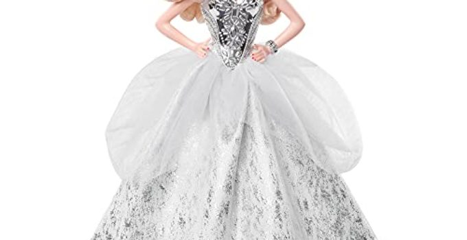 Barbie Signature 2021 Holiday Doll (12-inch, Blonde Wavy Hair) in Silver Gown, with Doll Stand and Certificate of Authenticity, Gift for 6 Year Olds and Up
