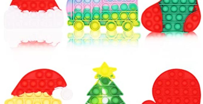 Christmas Pop Fidget Sensory Toy Sets,6 Pack Merry for Anxiety for Kids and Adults Stress Reliever Silicone Toy Squeeze Sensory Toy,Christmas Tree, Hat, Gloves, Train, Socks