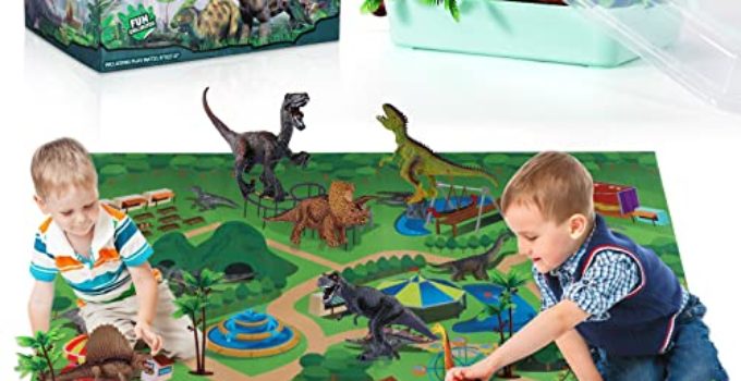 TEMI Dinosaur Toys for Kids 3-5 with Activity Play Mat & Trees, Educational Realistic Dinosaur Play Set to Create a Dino World Including T-Rex, Triceratops, Velociraptor, Great Gift for Boys & Girls