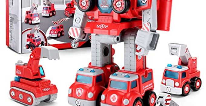 The First Road Toys for 3 4 5 6 7 8 Year-Old Boys Girls, 5 in 1 Construction Transform Car Robot Kids Toys, STEM Building Toddler Toys Christmas Birthday for Kids Ages 4-8