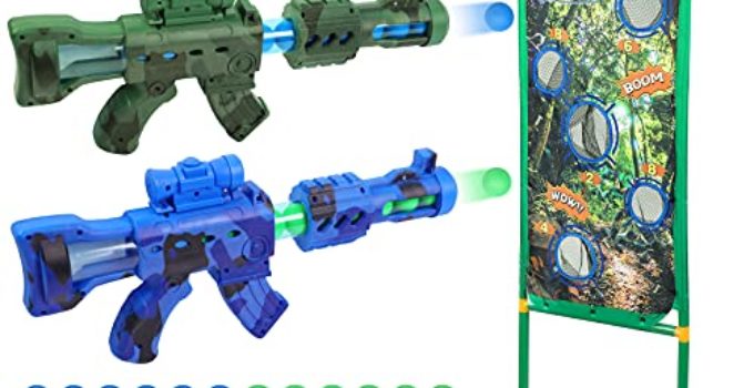 Welltin Shooting Game Toy for Ages 5 6 7 8+, 2pk Air Powered Toy Guns 2pk Blaster Guns with Shooting Target for Nerf, Boys and Girls, Indoor&Outdoor, Ideal Birthday Toys Halloween Christmas Xmas Gifts
