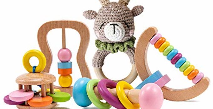 bopoobo Wooden Baby Elk Toys 5PC Organic Wooden Rattles Christmas Teether Rings Sensory Educational Crochet Rattle Montessori