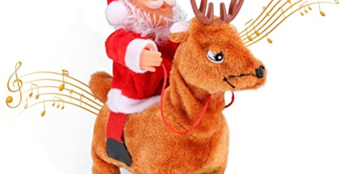 Newluck Christmas Santa Claus Riding Deer, Electric Santa Funny Toy Walking Singing, Battery Operated Musical Santa Plush Doll, Xmas Gift Ornament Decoration for Home Office (Battery Excluded)
