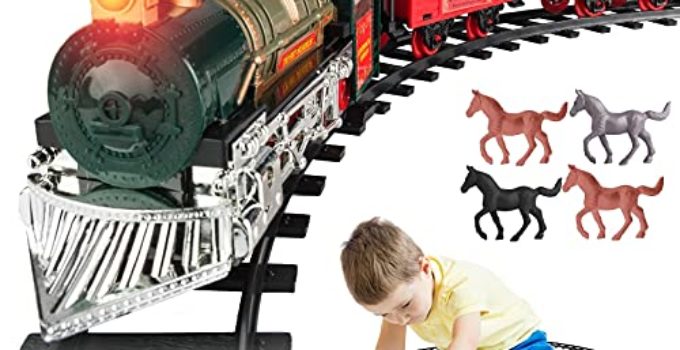 Train Set - Electric Train Toy for Boys Girls w/ Lights & Sound, Railway Kits w/ Steam Locomotive Engine, Cargo Cars, 4 Horses & Tracks, for 3 4 5 6 7 8+ Year Old Kids