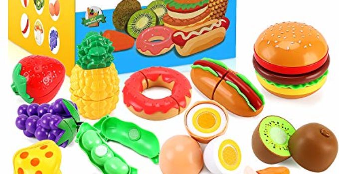33pcs Cutting Pretend Play Food Toys for Kids Kitchen Set Playset Accessories BPA Free Peel & Cut Toy Food Fruits and Vegetables Toys, Christmas Birthday Gift for Toddlers Girls Boys Kids Storage Box
